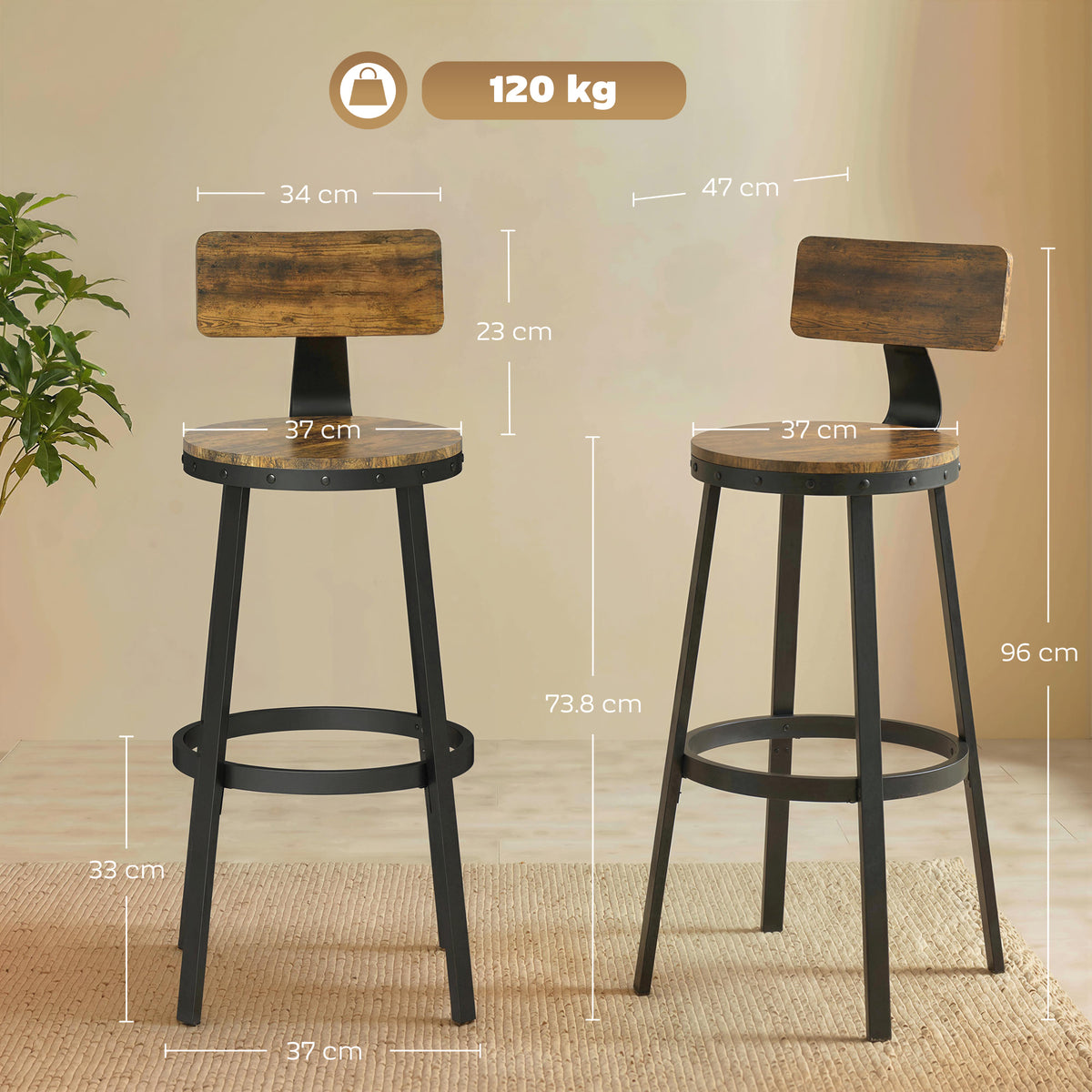 Set 2 Sgabelli da Bar Stile Rustico con Poggiapiedi, in Legno e Metallo, 37x47x96 cm, Marrone