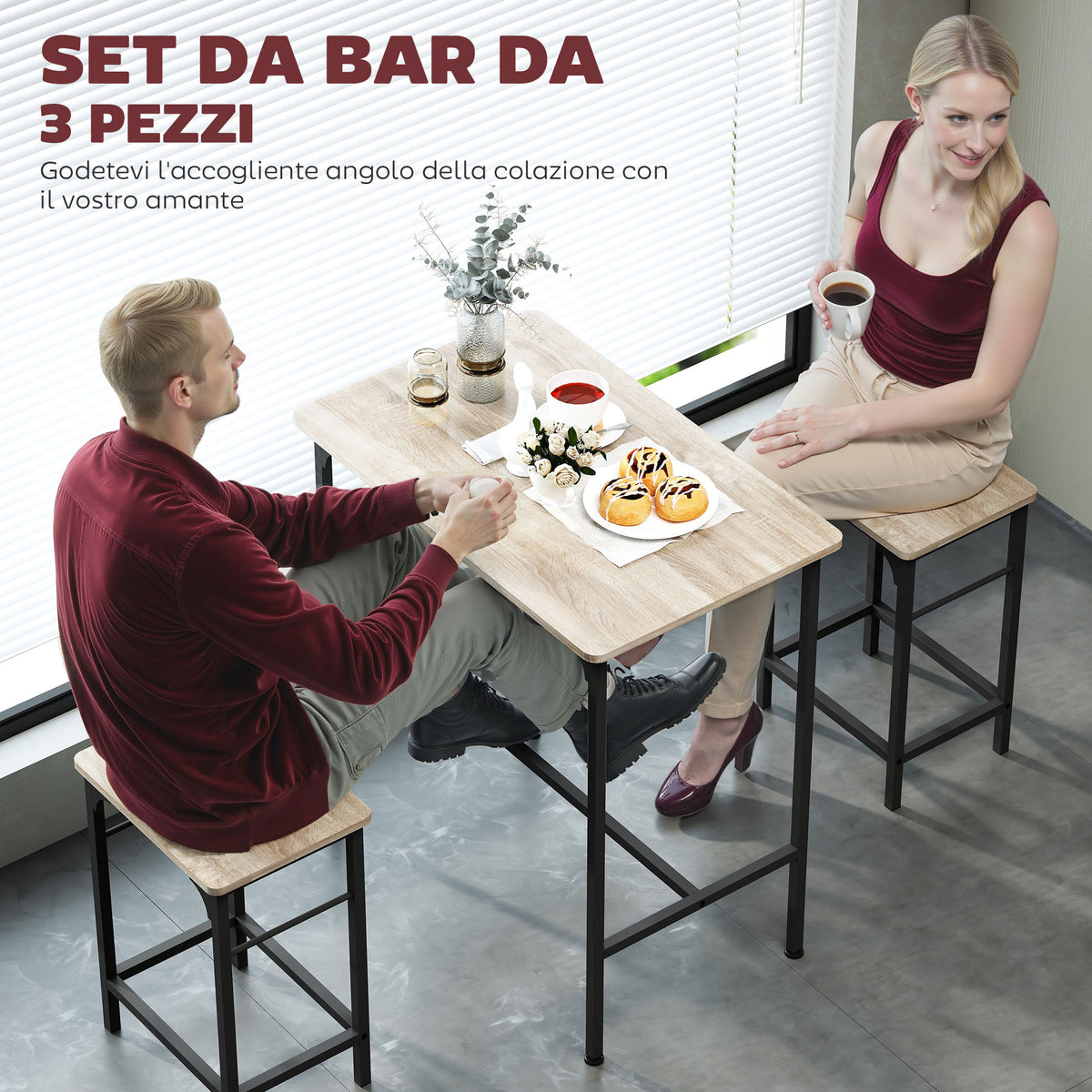 Arredamento Bar 3 Pezzi con Tavolo da Cucina e 2 Sgabelli da Bar in Legno e Acciaio, color Legno e Nero