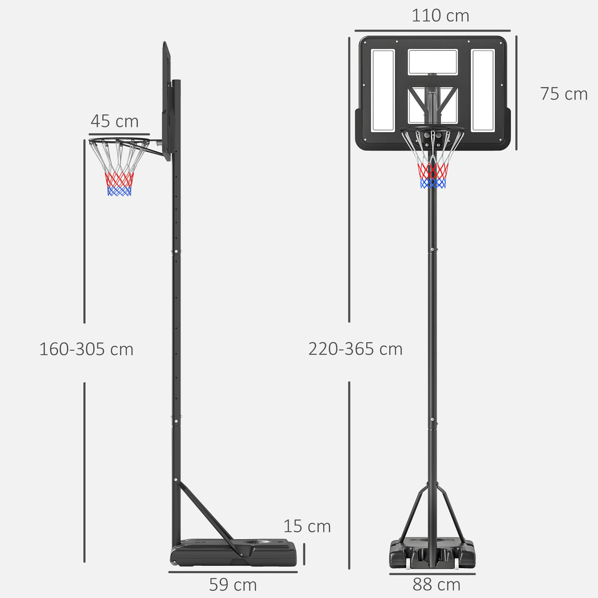 Canestro Basket Altezza Regolabile 160-305cm, Base con Ruote e Struttura in Acciaio, Tabellone in PVC Trasparente