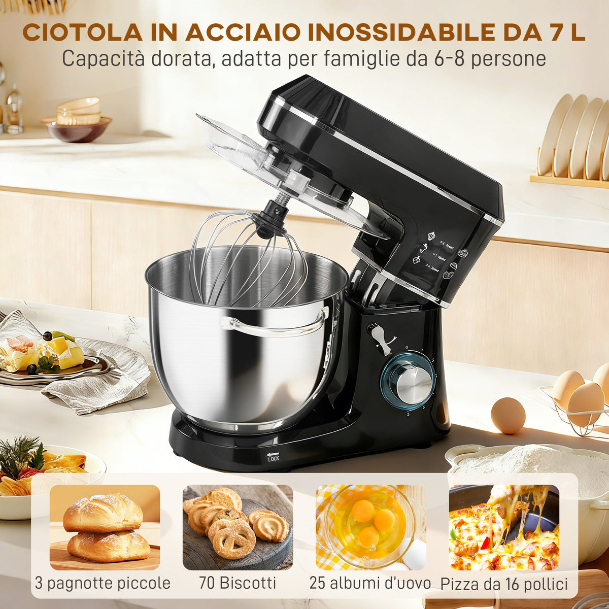 Impastatrice Planetaria 1400W con Ciotola 7L e 6 Velocità, Gancio Impastatore, Frusta e Sbattitore, Nero