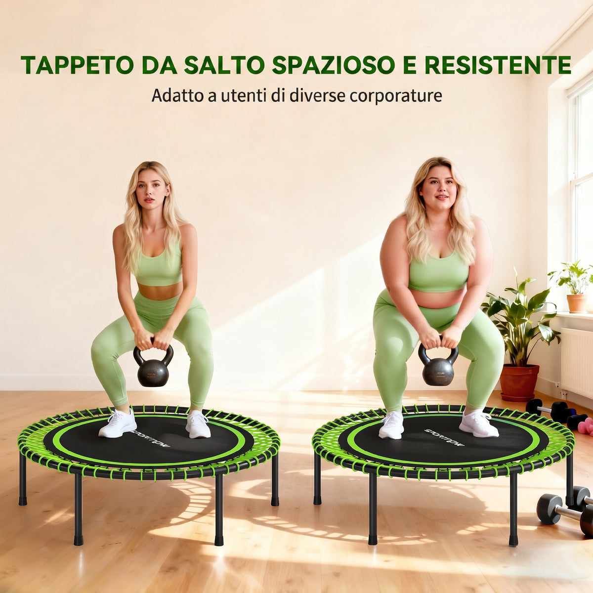 Trampolino Elastico Fitness a 36 Corde in Acciaio e PP, 114x31 cm, Verde