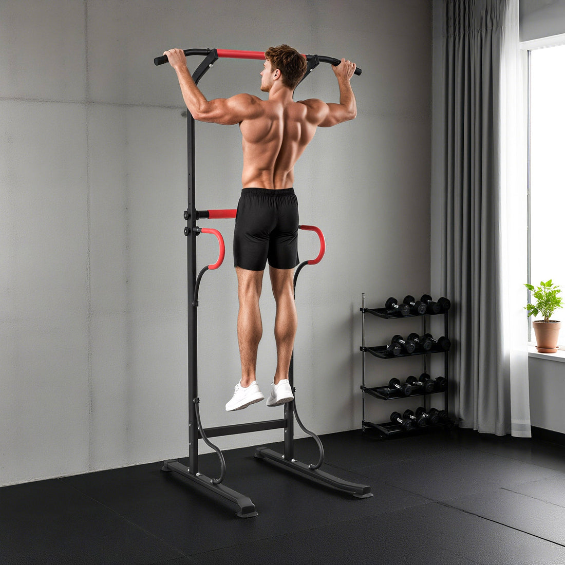 Barra per Trazioni Power Tower Stazione Fitness Multifunzione con Altezza Regolabile 171-219cm Nero Rosso