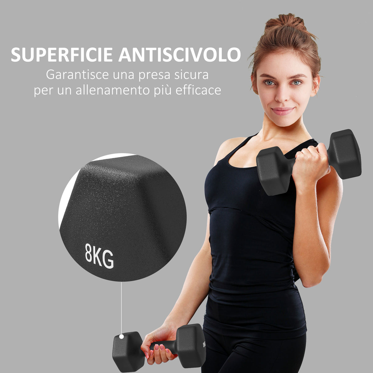 Set 2 Manubri Esagonali da 2x8 kg in Metallo e Plastica con Impugnatura Antiscivolo, 24x11x11 cm, Nero