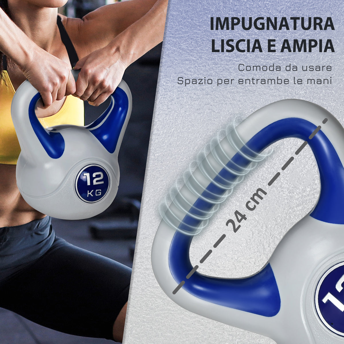 Kettlebell 12kg in PU e Sabbia con Base Piatta e Impugnatura per Stacchi, Squat e Sollevamenti, 24x17x28 cm, Blu