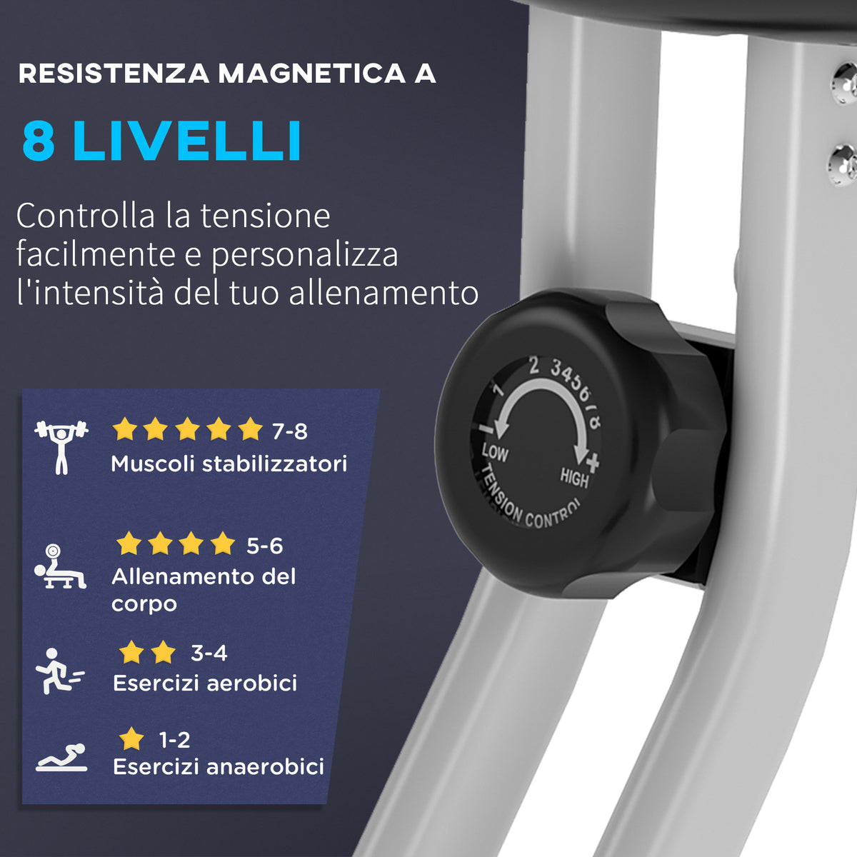 Cyclette Pieghevole da Fitness in Acciaio, Cyclette Magnetica Pieghevole da Casa con Altezza Regolabile, Resistenza Magnetica a 8 Livelli, Schermo LCD, 43x97x109cm, Grigio