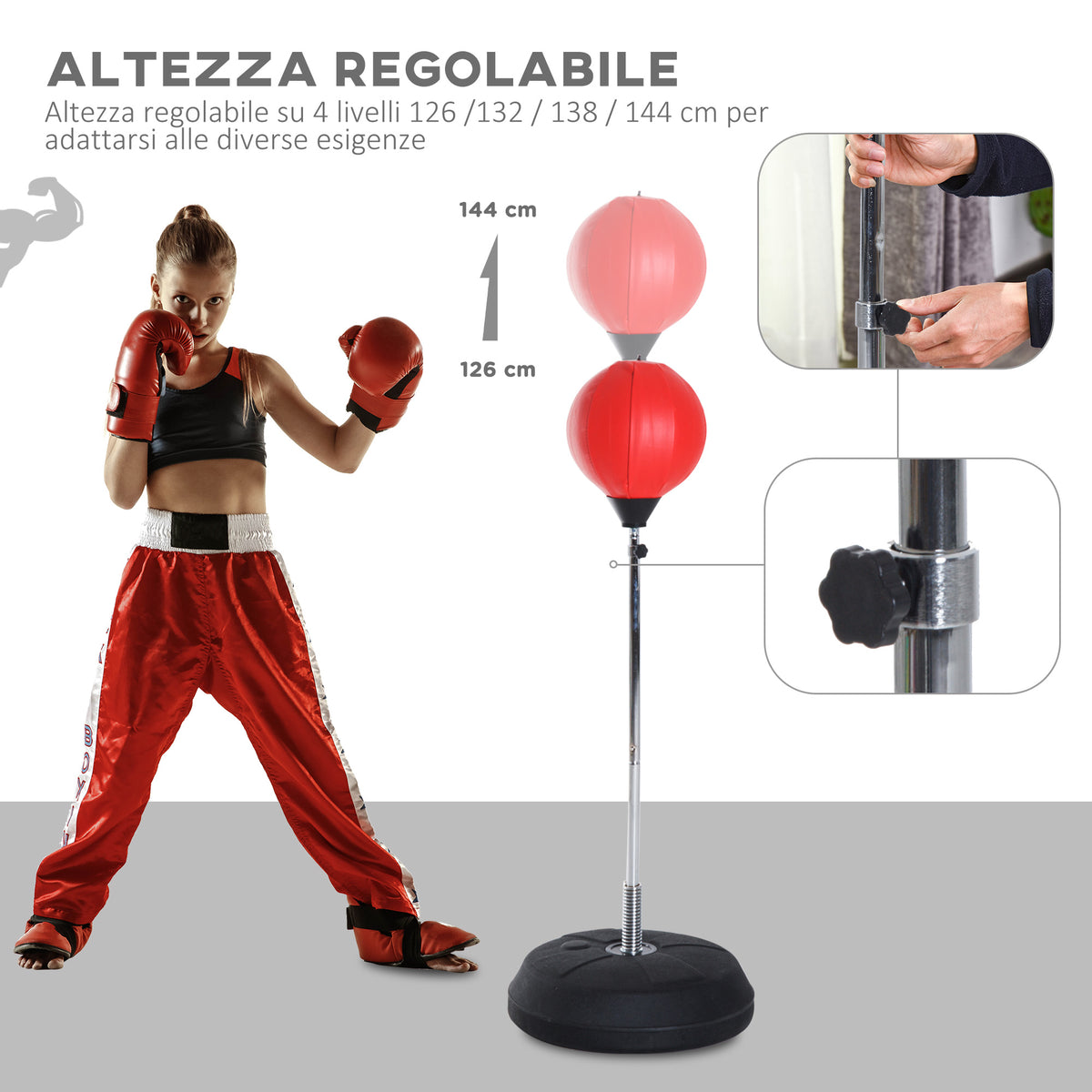 Punching Ball da Terra ad Altezza Regolabile con Guantoni da Boxe e Base Riempibile, 43x43x126-144 cm, Rosso