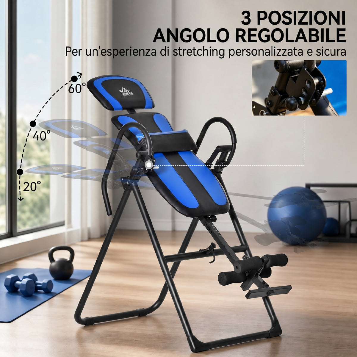 Panca a Inversione Gravitazionale Pieghevole con Lunghezza Regolabile da 140-203 cm e Ruote, Nero e Blu