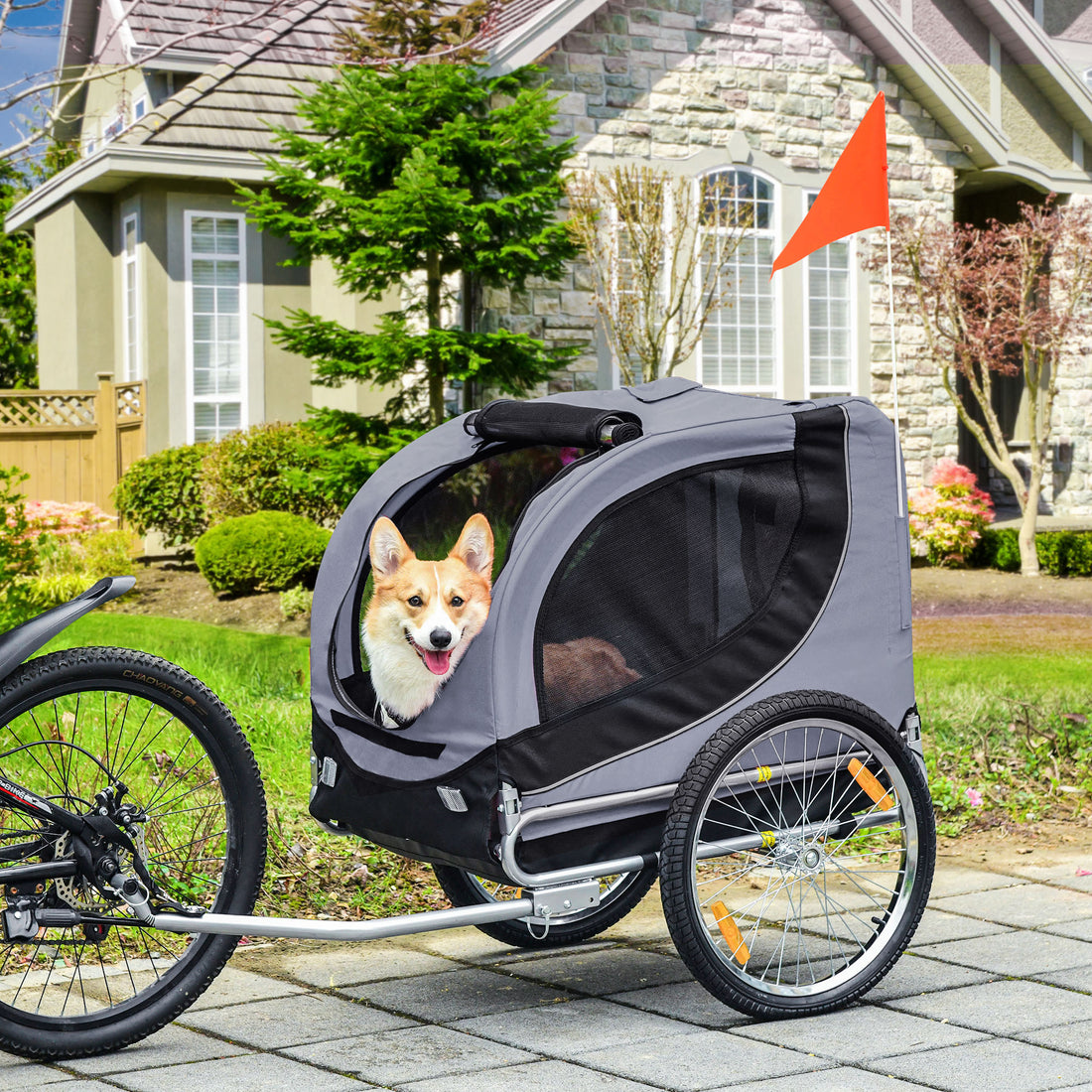 Rimorchio Bici per Cani Taglia Media con Finestre Laterali e Bandierina, 130x73x90 cm, Grigio e Nero