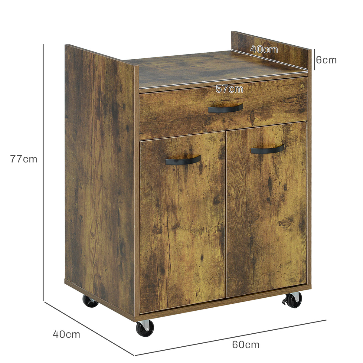 Carrello da Cucina con Cassetto, Armadietto e 4 Ruote in Legno, 60x40x77cm, Marrone Rustico