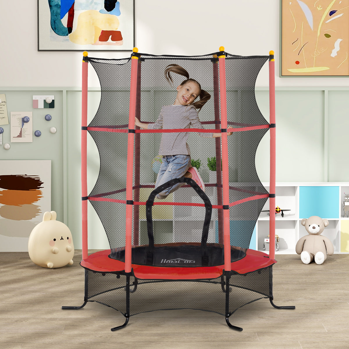 Trampolino Elastico per Bambini 1.6x1.9 m con Rete di Sicurezza e Pali Imbottiti, Età 3-10 Anni, Rosso