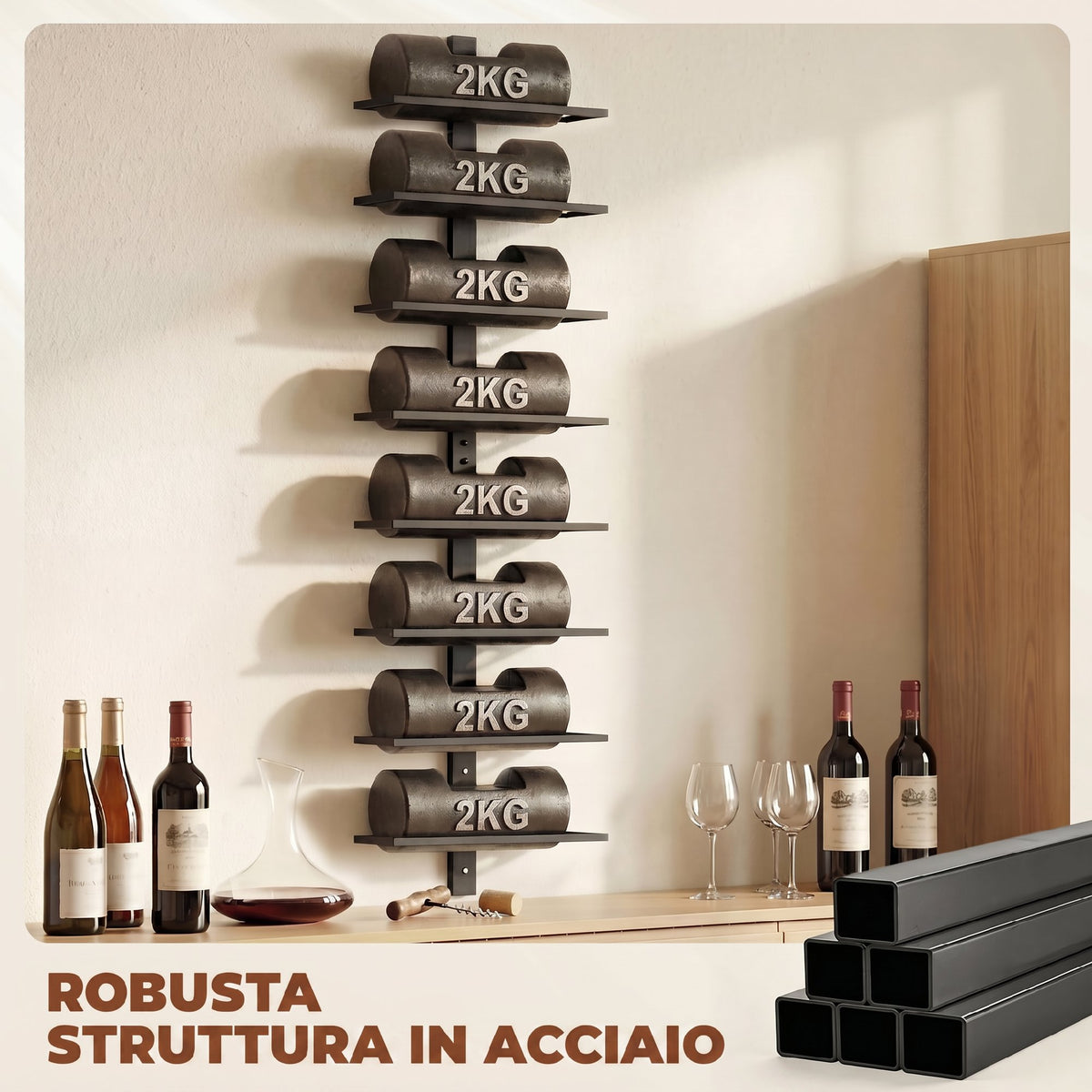 Portabottiglie da Parete in Acciaio per 8 Bottiglie di Vino, Cucina e Sala, 27x10x93.5 cm, Nero