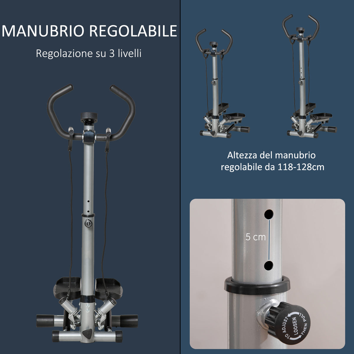 Stepper con Manubrio Regolabile, Monitor LCD ed Elastici, 55x53x118-128cm, Nero