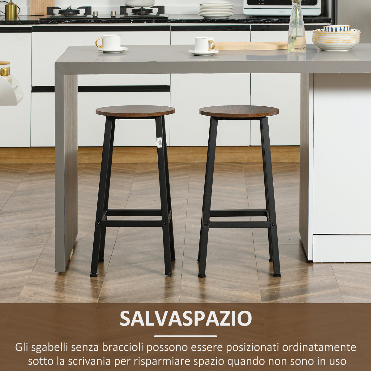 Set 2 Sgabelli da Cucina in Truciolato e Acciaio con Piano Liscio e Poggiapiedi, 32.5x32.5x65 cm, Marrone