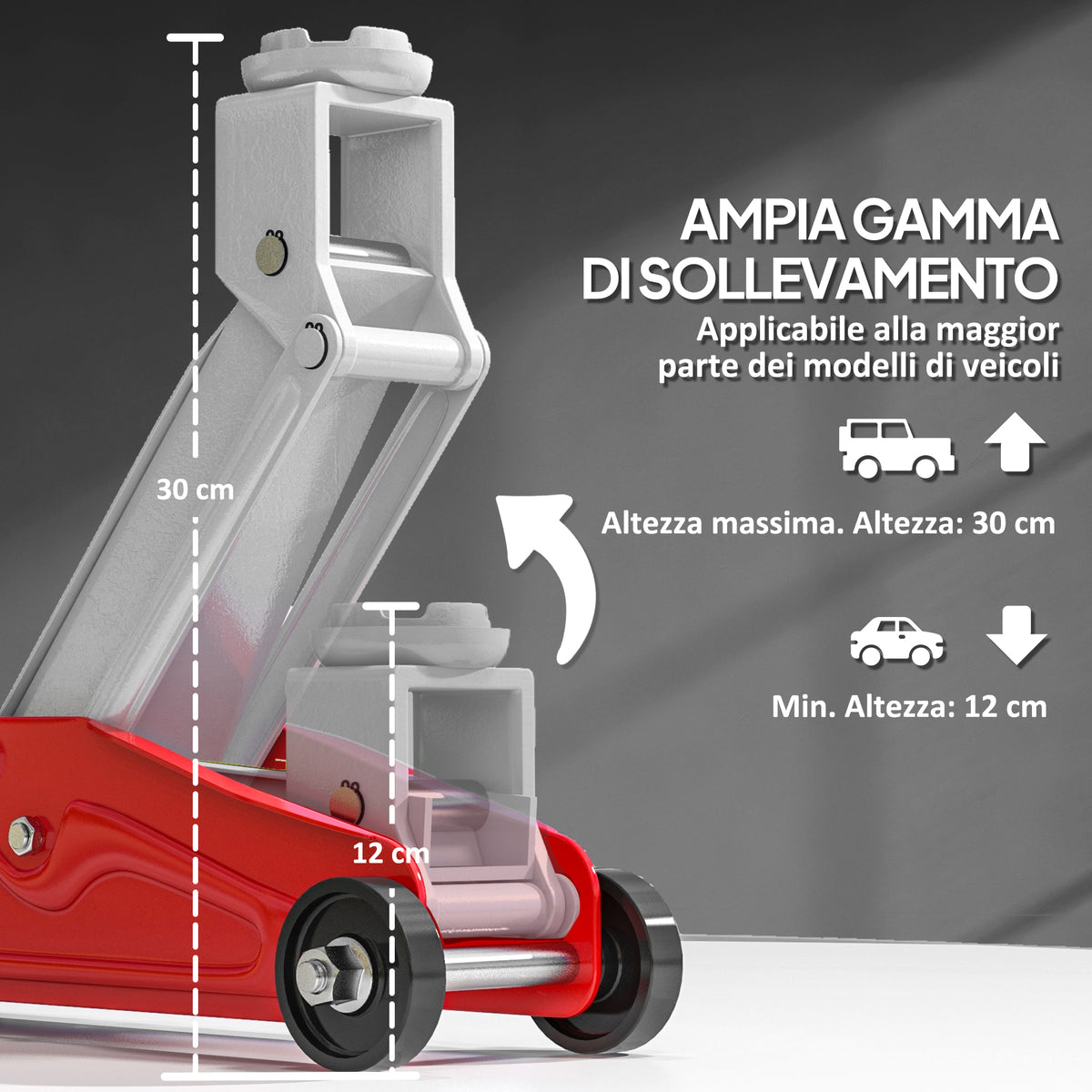 Cric Idraulico con Sollevamento 12-30 cm e Capacità 2 Tonnellate, in Acciaio Rinforzato, Rosso e Grigio