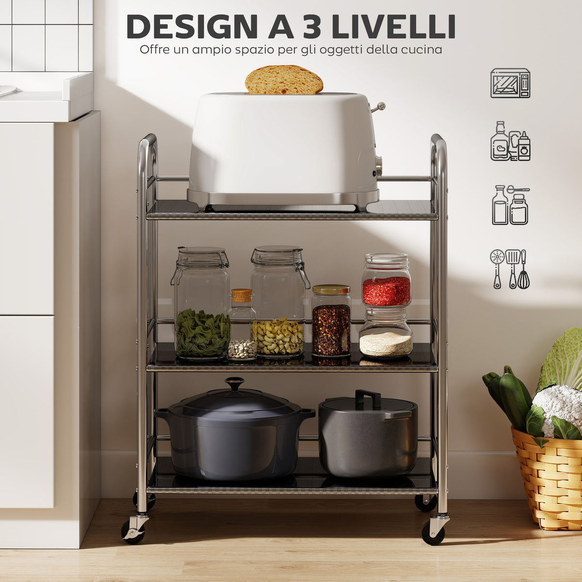 Carrello Multiuso a 4 Livelli con Ripiano Centrale Regolabile e Bordi Rialzati, in Acciaio Inox, 60x35x77 cm