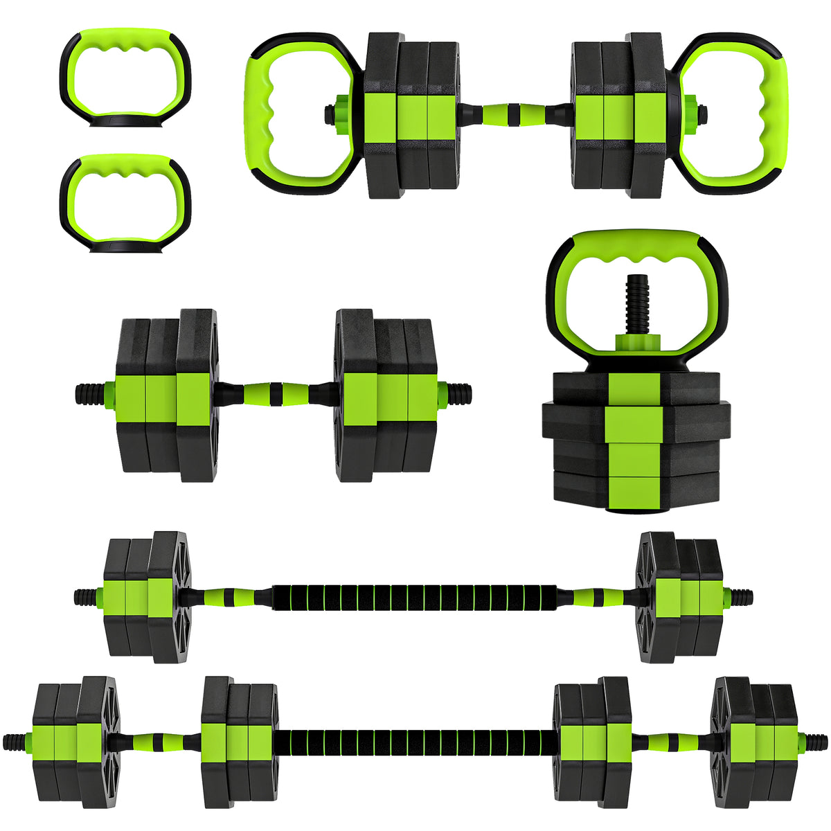 Set Pesi Palestra 6 in 1 Multifunzione da 20kg Totali in Plastica e Sabbia, 125x18x18 cm, Verde