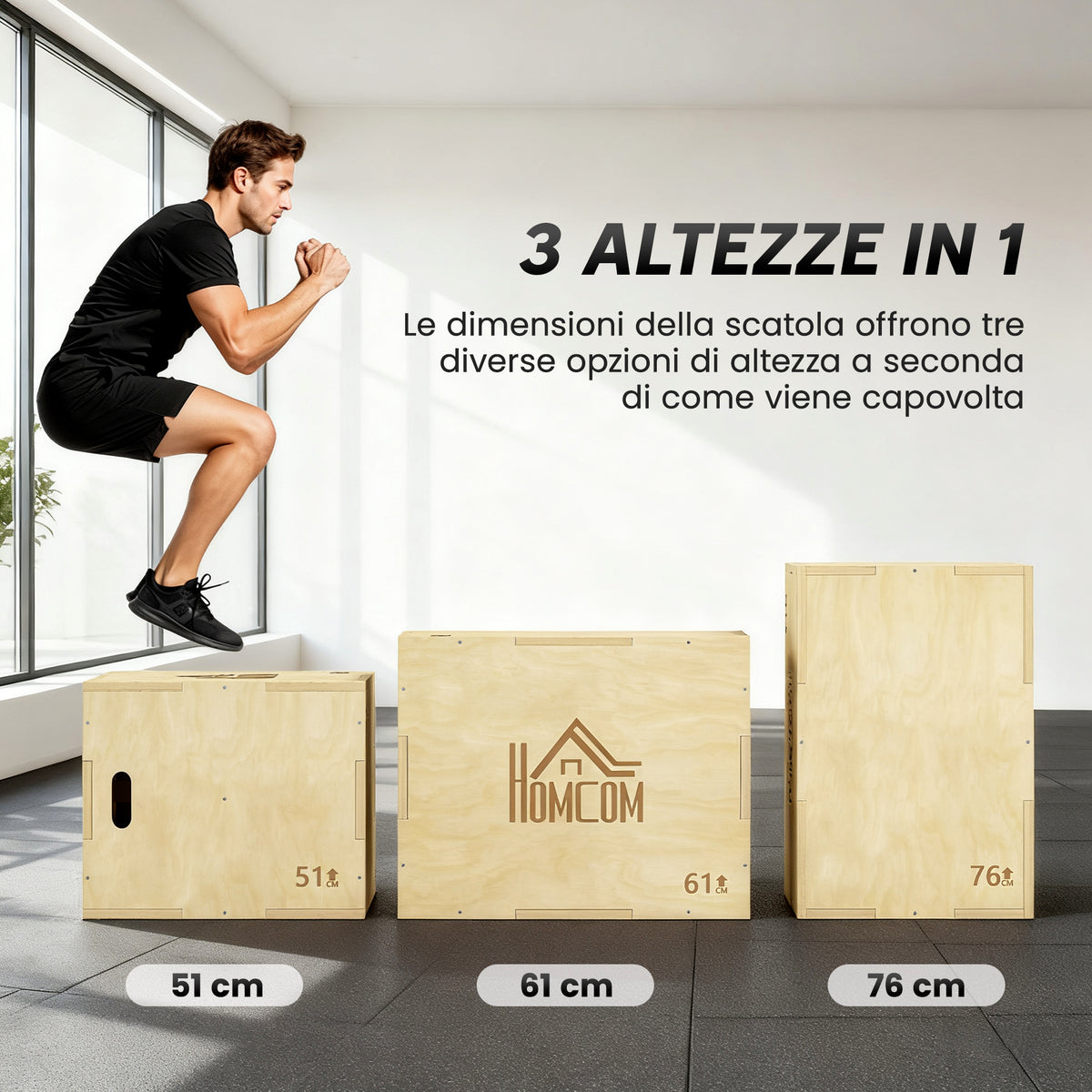 Plyo Box in Legno a 3 Altezze, Jumping Box Pliometrico Capacità 120kg, 61x51x76cm