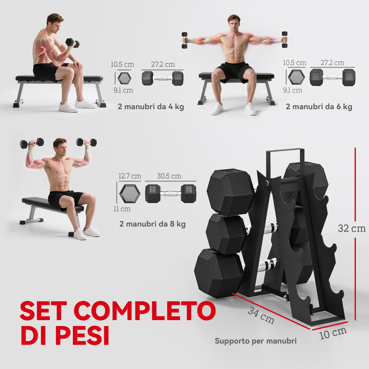 Set di Manubri Palestra con Supporto in Metallo con Impugnatura Antiscivolo, 2x4kg, 2x6kg, 2x8kg, Nero