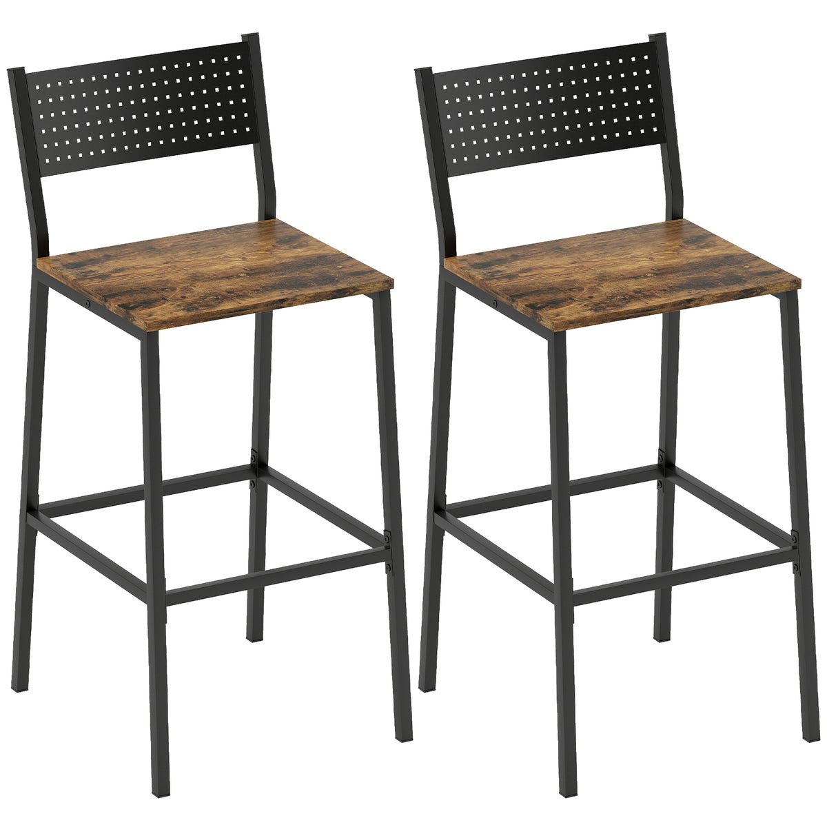 Set 2 Sgabelli da Bar con Schienale e Poggiapiedi Integrato in Stile Industriale, Marrone Rustico