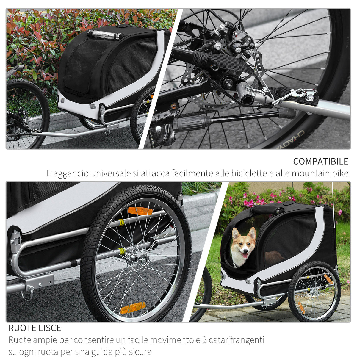 Rimorchio per Cani da Bicicletta, bianco e nero, 130x90x110cm
