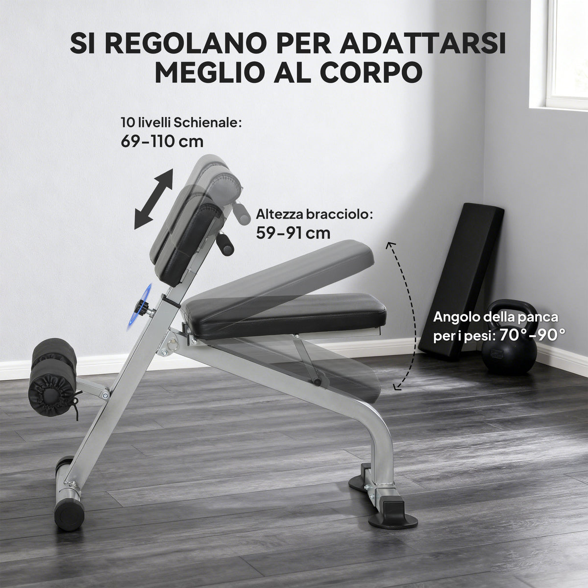 Panca Romana Regolabile e Pieghevole Multifunzione, Capacità 150 kg, Argento