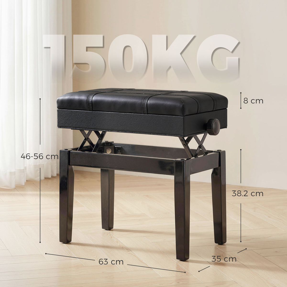 Sgabello per Pianoforte con Altezza Regolabile e Contenitore in Legno e Finta Pelle, 63x35x46-56cm, Nero