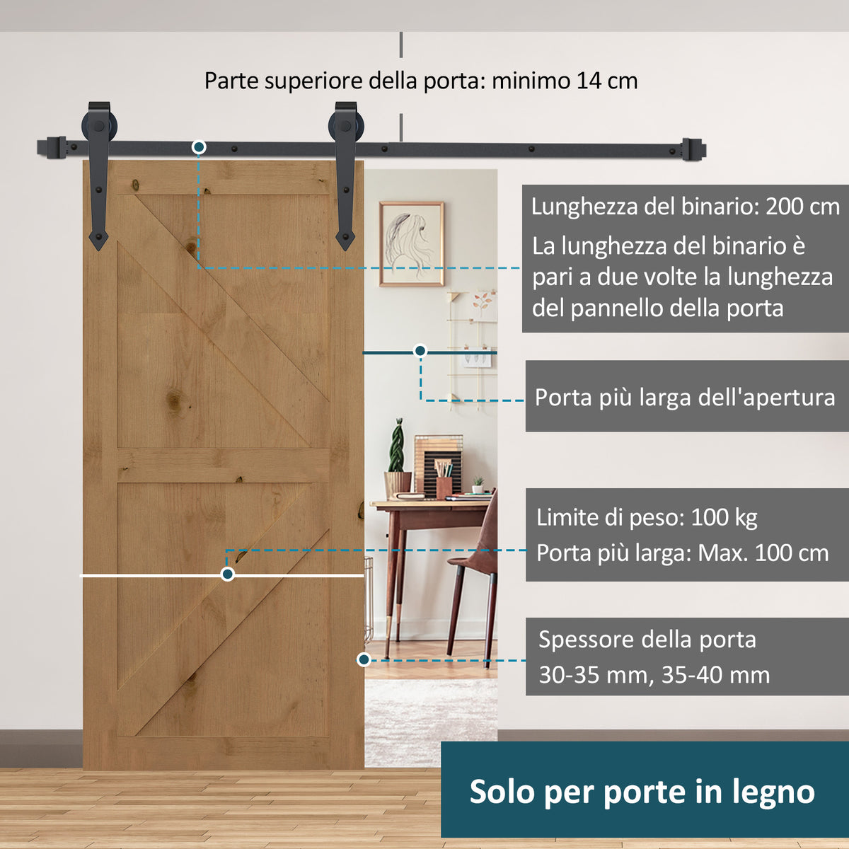 Kit Binario per Porta Scorrevole Singola Stile Rustico in Acciaio al Carbonio, Marrone