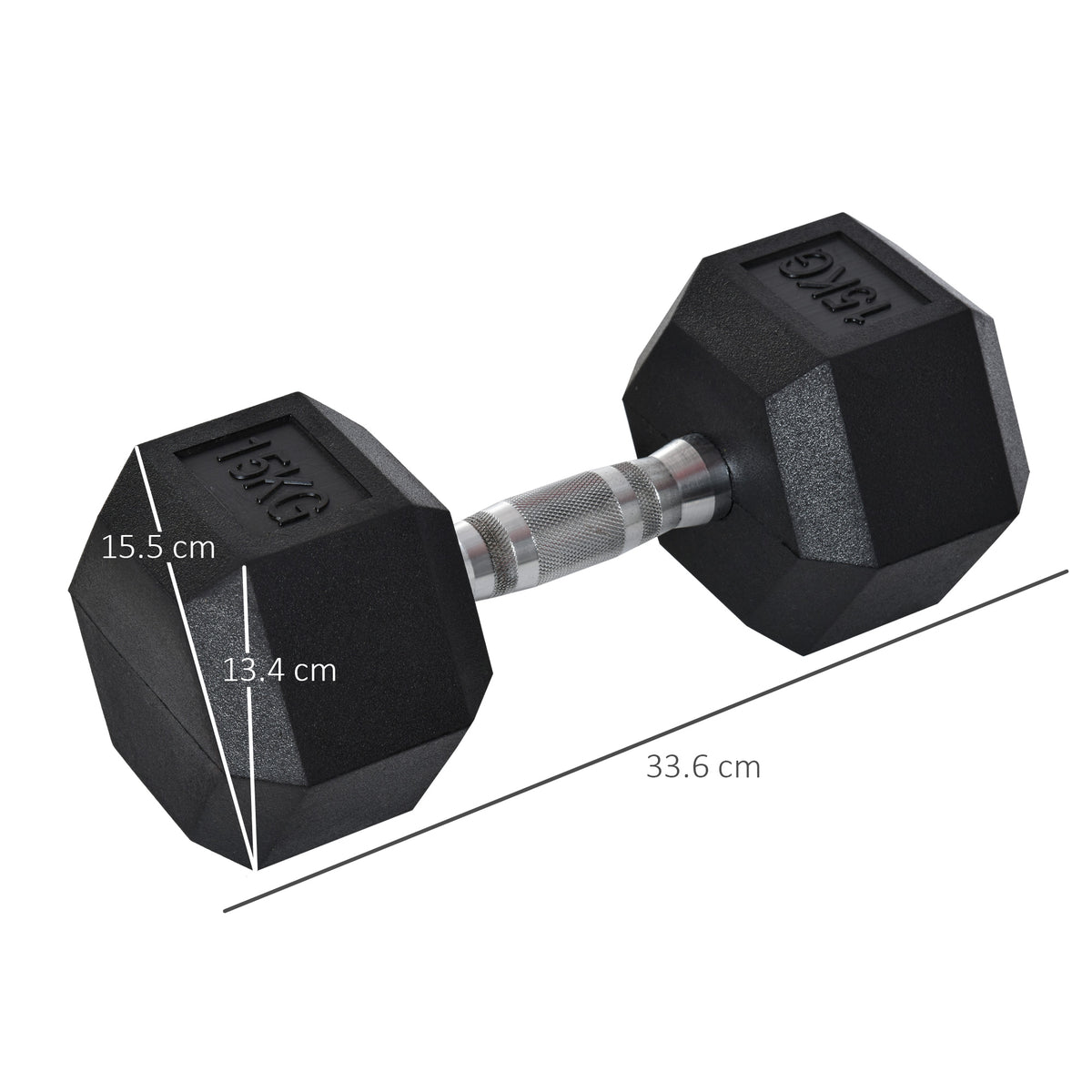 Manubrio 15 kg Esagonale con Impugnatura Antiscivolo, in Acciaio e Gomma, 15.5 x 33.6 cm, Nero