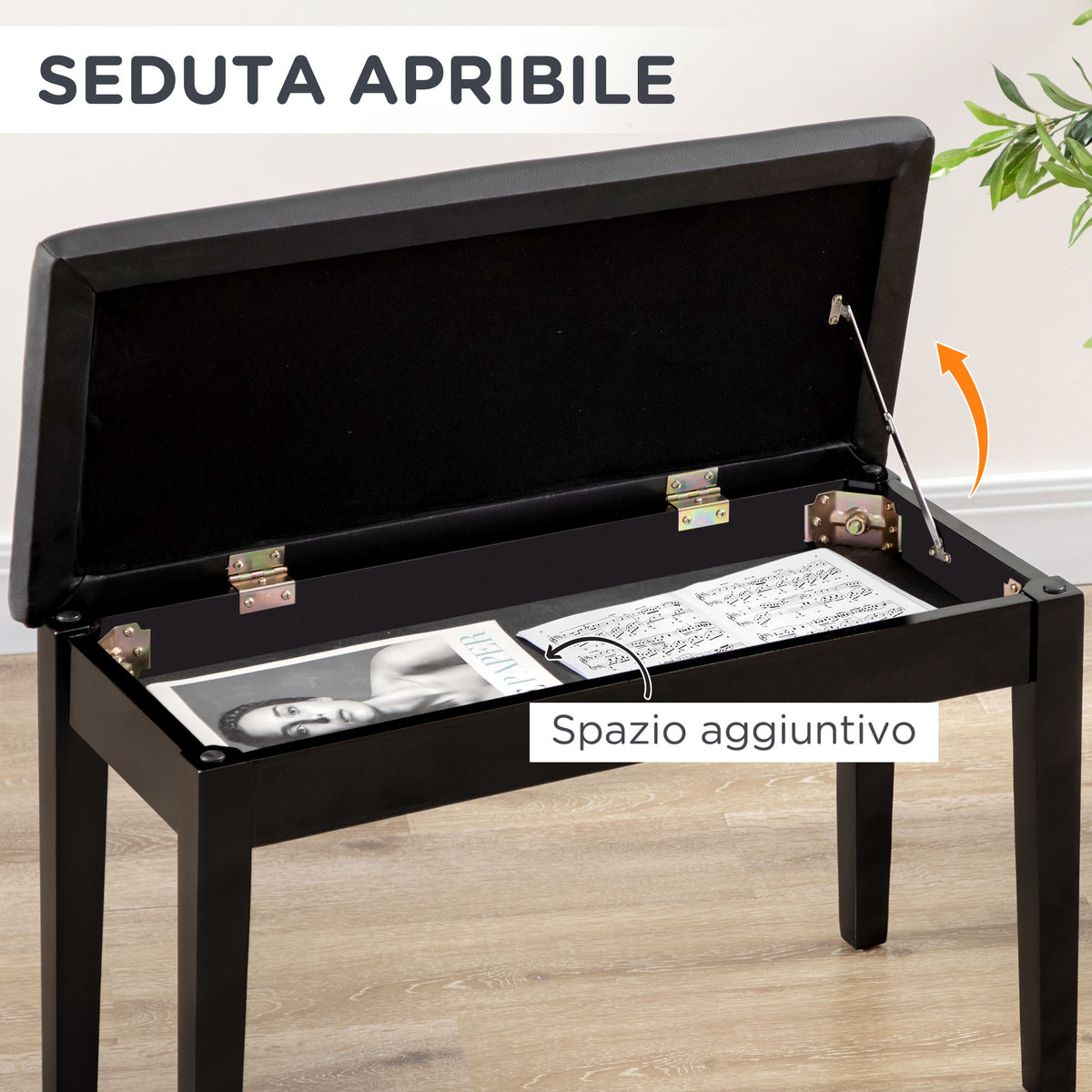 Sgabello per Pianoforte con Vano Contenitore in Legno e Finta Pelle PU, 75x35x49cm, Nero