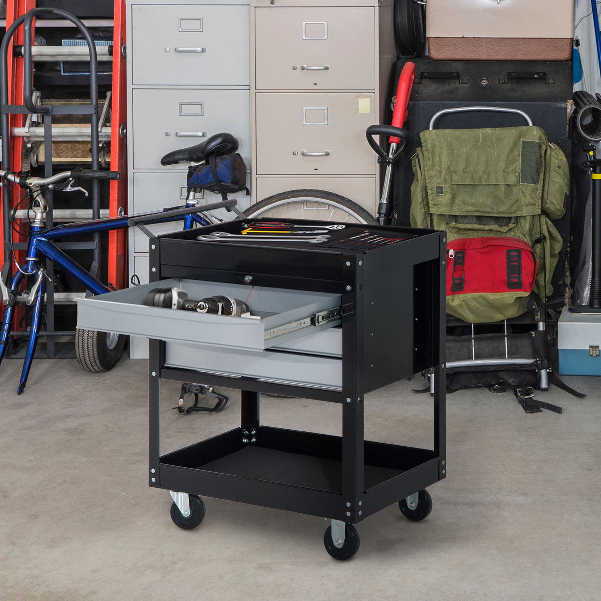 Carrello da Officina Professionale Cassettiera Portautensili in Lamiera, Nero, 68 x 46 x 88cm