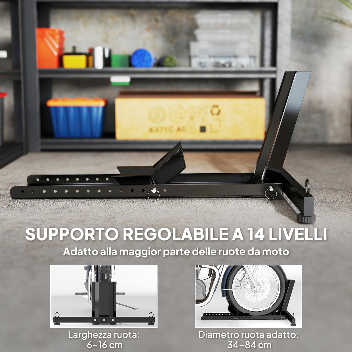 Cavalletto Bloccaruote per Moto, Staffa Regolabile su 14 Livelli per Ruote 34-84 cm, Nero