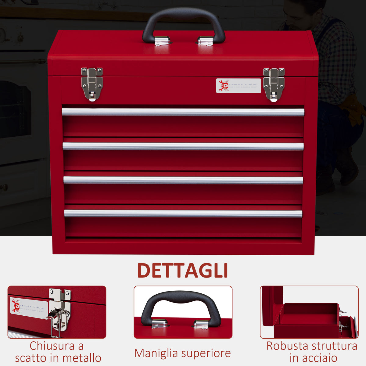 Cassetta Porta Attrezzi in Acciaio con 4 Cassetti, Vassoio Superiore a Doppia Serratura, 51x22x39.5 cm, Rosso