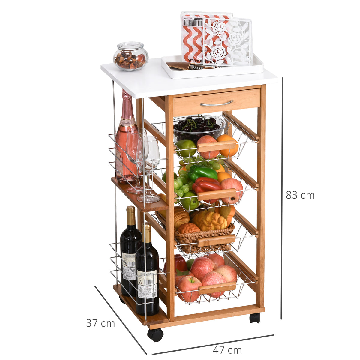 Carrello da Cucina con 1 Cassetto, 4 Cestelli Metallici e 2 Ripiani Portaspezie in Legno 47 x 37 x 83 cm Marrone