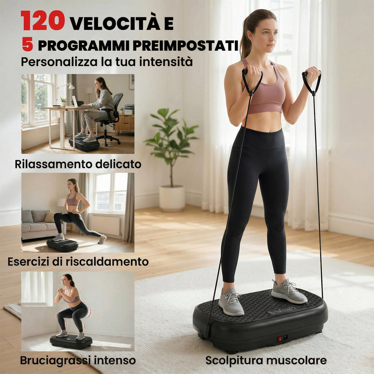 Pedana Vibrante con 120 Livelli di Velocità, 5 Programmi e Display LED, Silenziosa, con Fasce di Resistenza