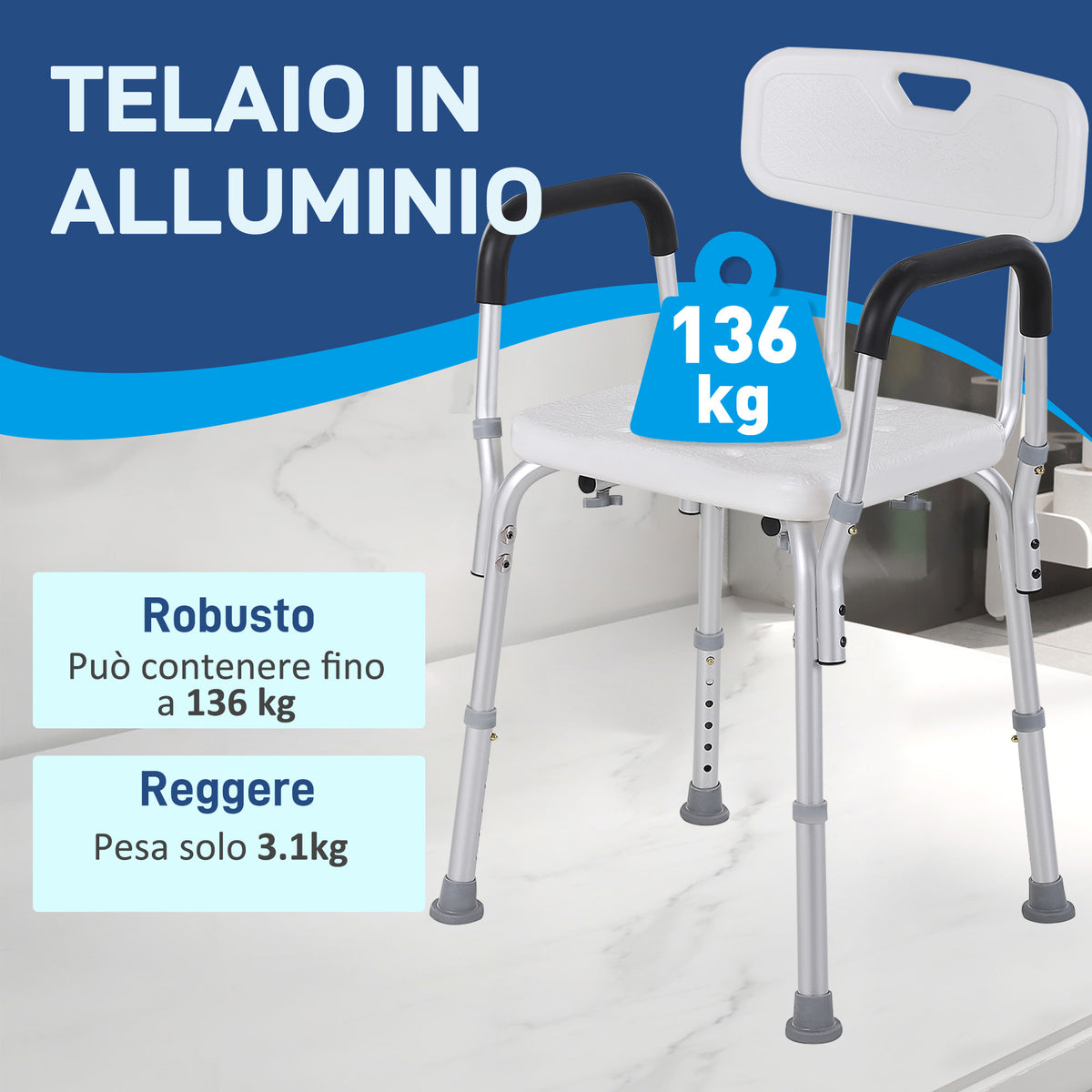 Sedia per Doccia in Alluminio con Altezza Regolabile e Piedini Antiscivolo, 51.5x51.5x71-84cm, Bianco