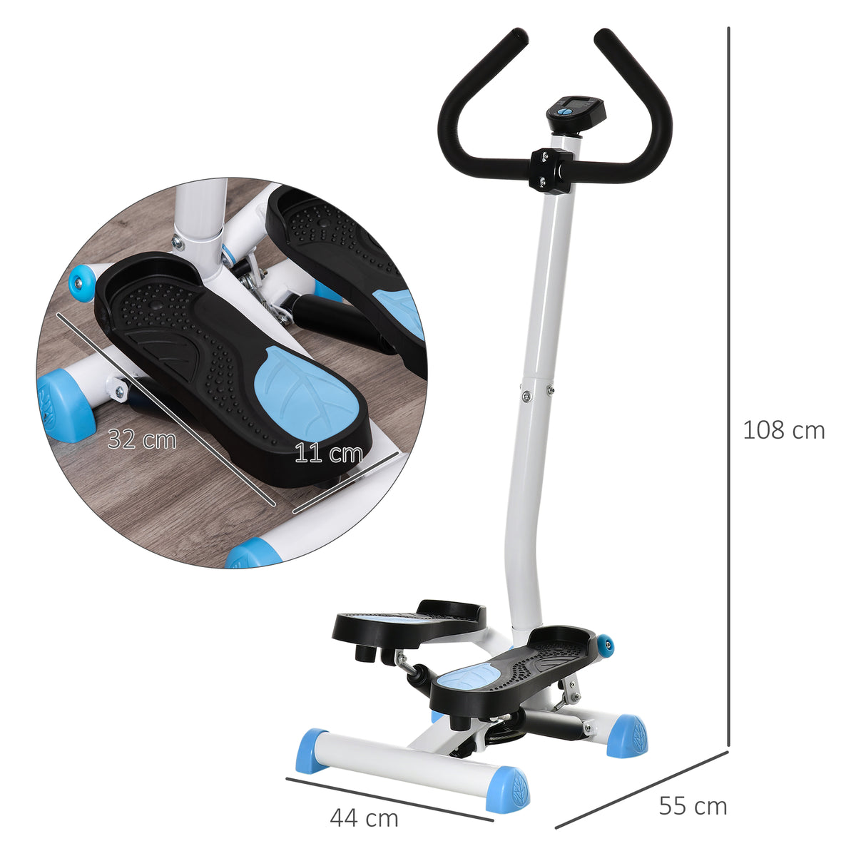 Stepper con Manubrio, Pedali Antiscivolo e Monitor LCD, in Acciaio e ABS, 55x44x108 cm, Bianco Nero e Bianco