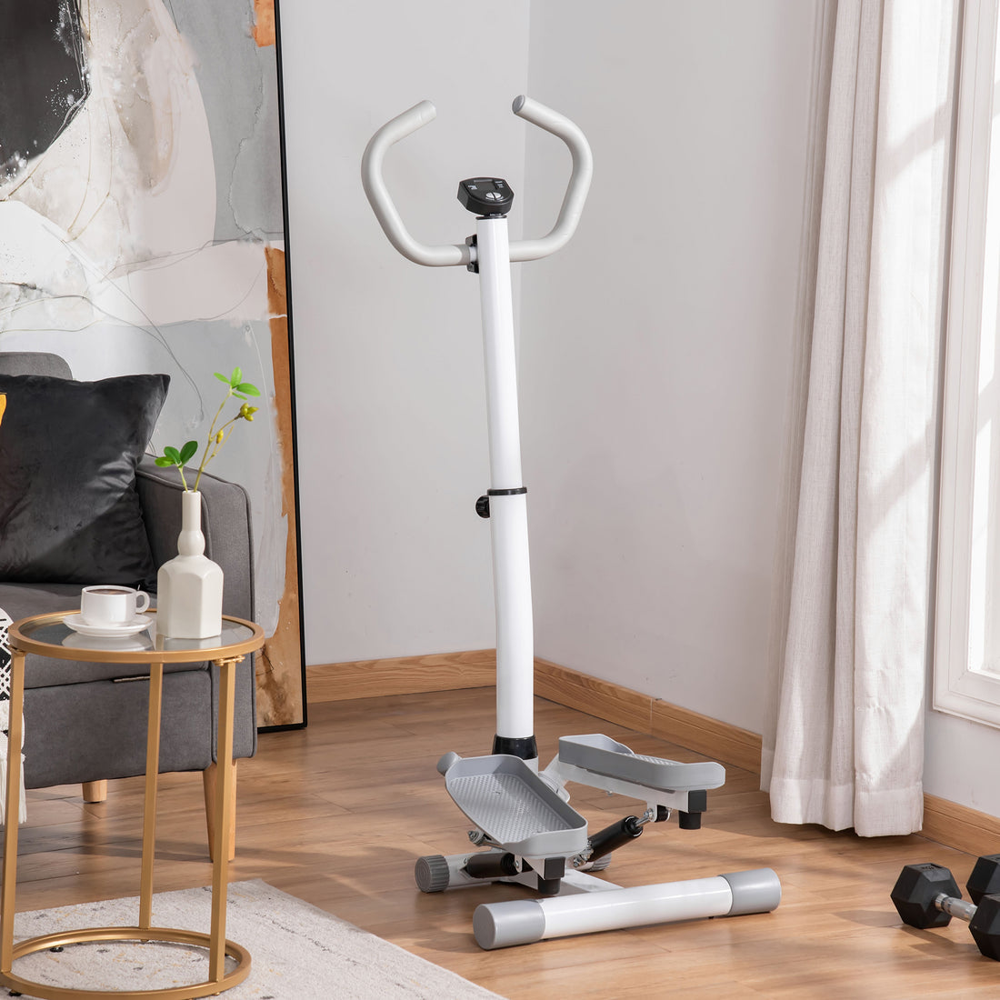 Stepper con Monitor LCD, Manubrio Regolabile ed Elastici, in Acciaio e ABS, Bianco e Grigio