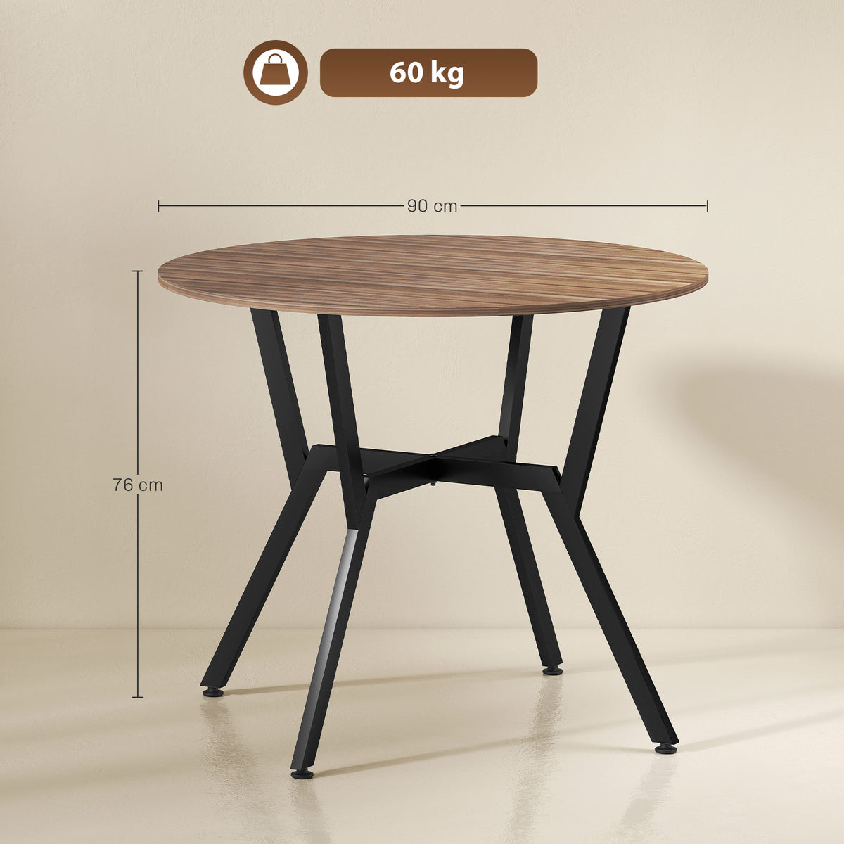 Tavolo Rotondo da Soggiorno per 2 Persone con Sostegno a X, in Legno e Acciaio, 90x76 cm, Nero e Marrone