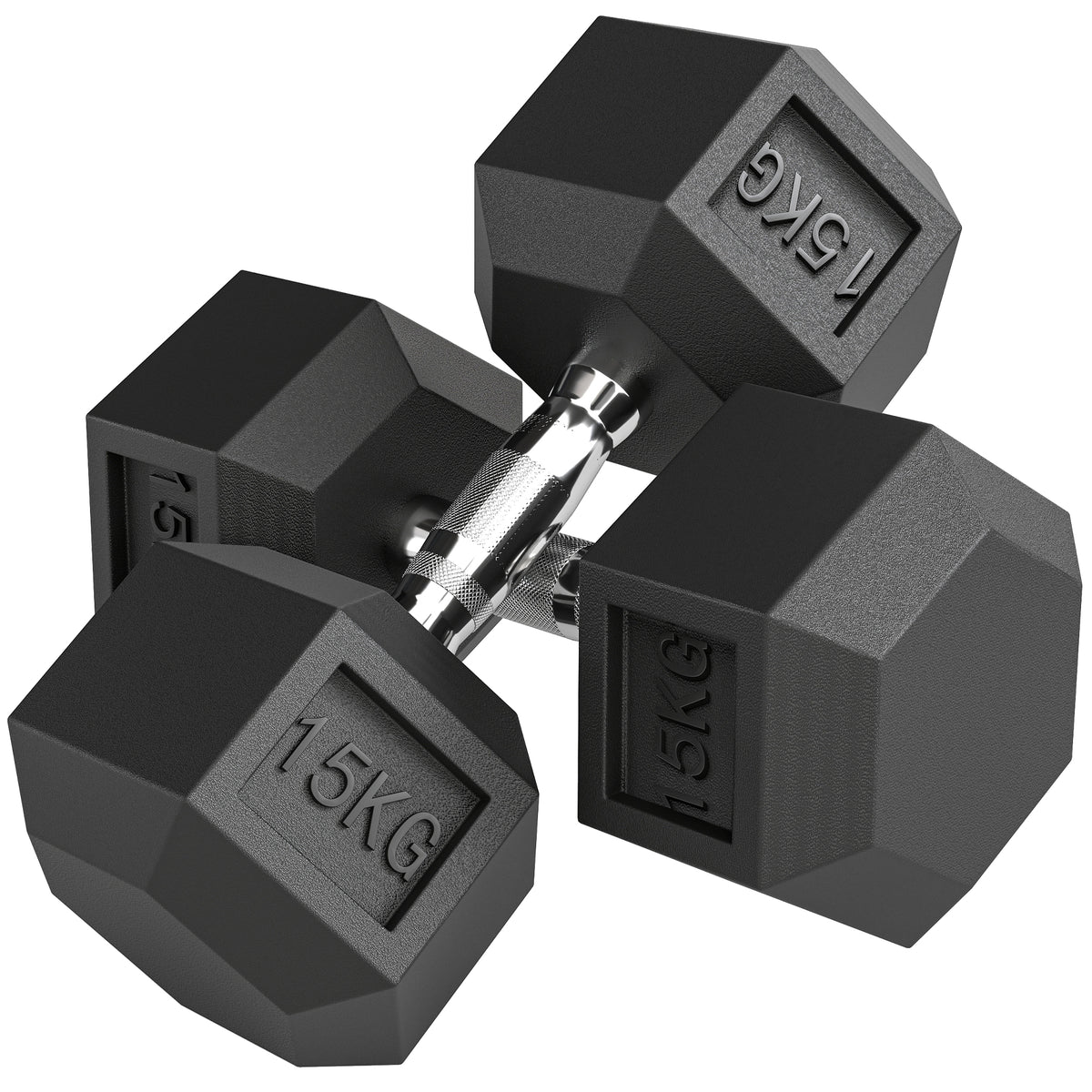 Set 2 Manubri Fitness da 15 kg Esagonali con Impugnatura Antiscivolo, in Acciaio e Gomma, 15.5 x 33.6 cm, Nero