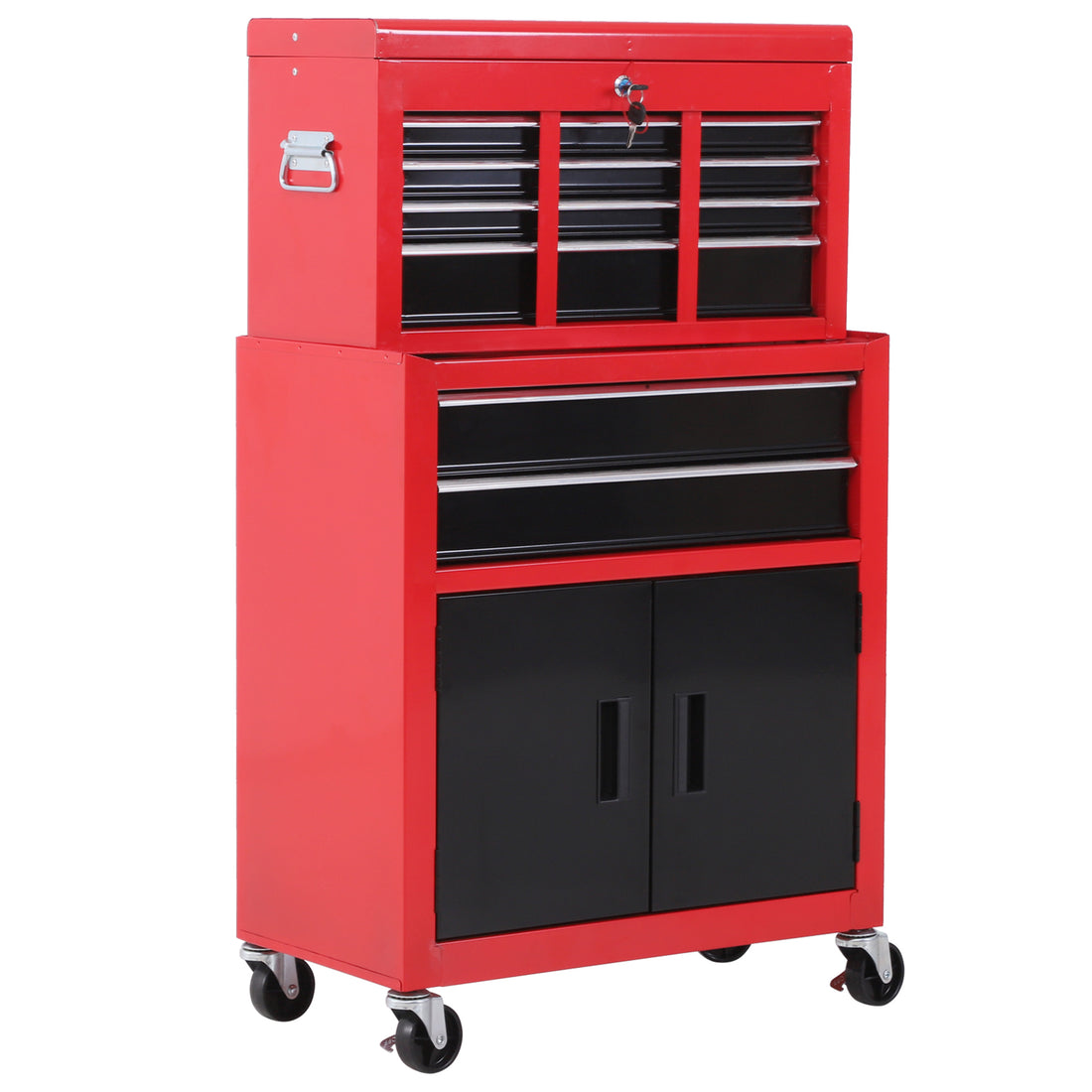Carrello Porta Attrezzi 2 in 1 con Cassetta Superiore e Armadietto Inferiore, in Metallo, 61.6x33x108 cm, Rosso