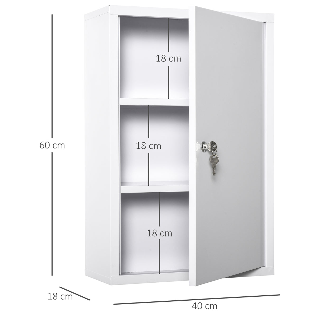 Armadietto Medicinali a 3 Livelli in Acciaio con 2 Chiavi e Montaggio a Parete, 40x18x60 cm, Bianco