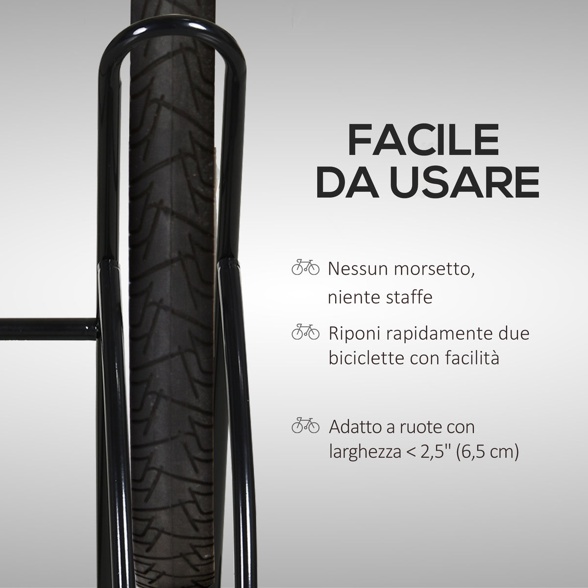 Rastrelliera da Terra per 2 Biciclette con Pneumatici fino 6.5 cm, Telaio Orientabile in Acciaio Nero, 60x54x57cm