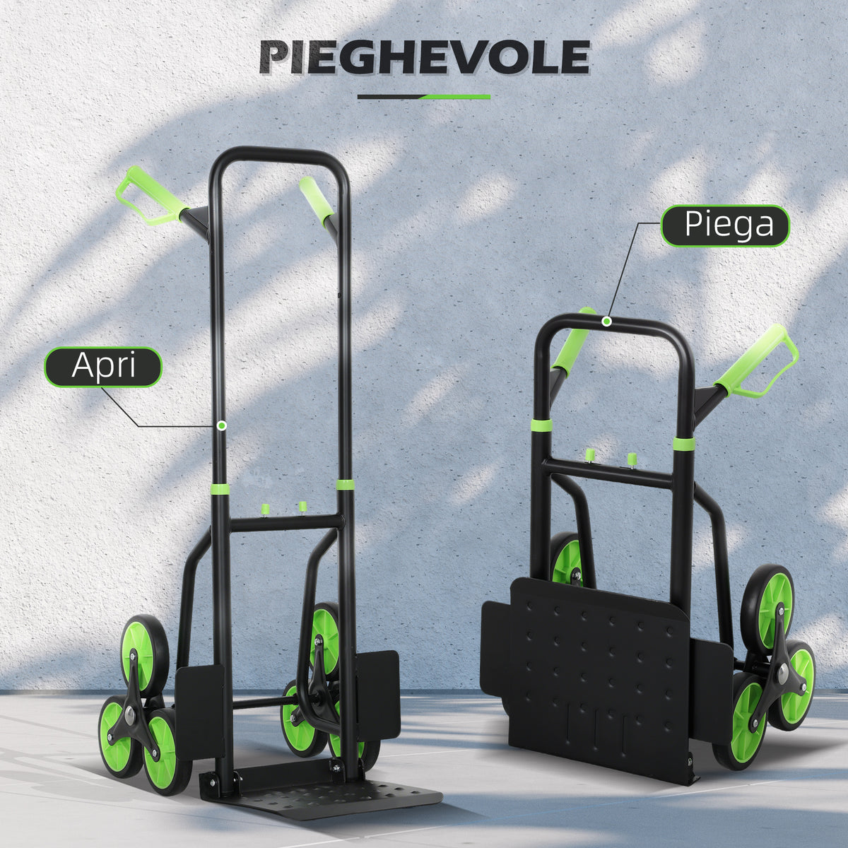 Carrello Portapacchi per Scale 6 Ruote, Pieghevole, Portata 120kg, in Acciaio, per Trasloco, Giardinaggio, Verde