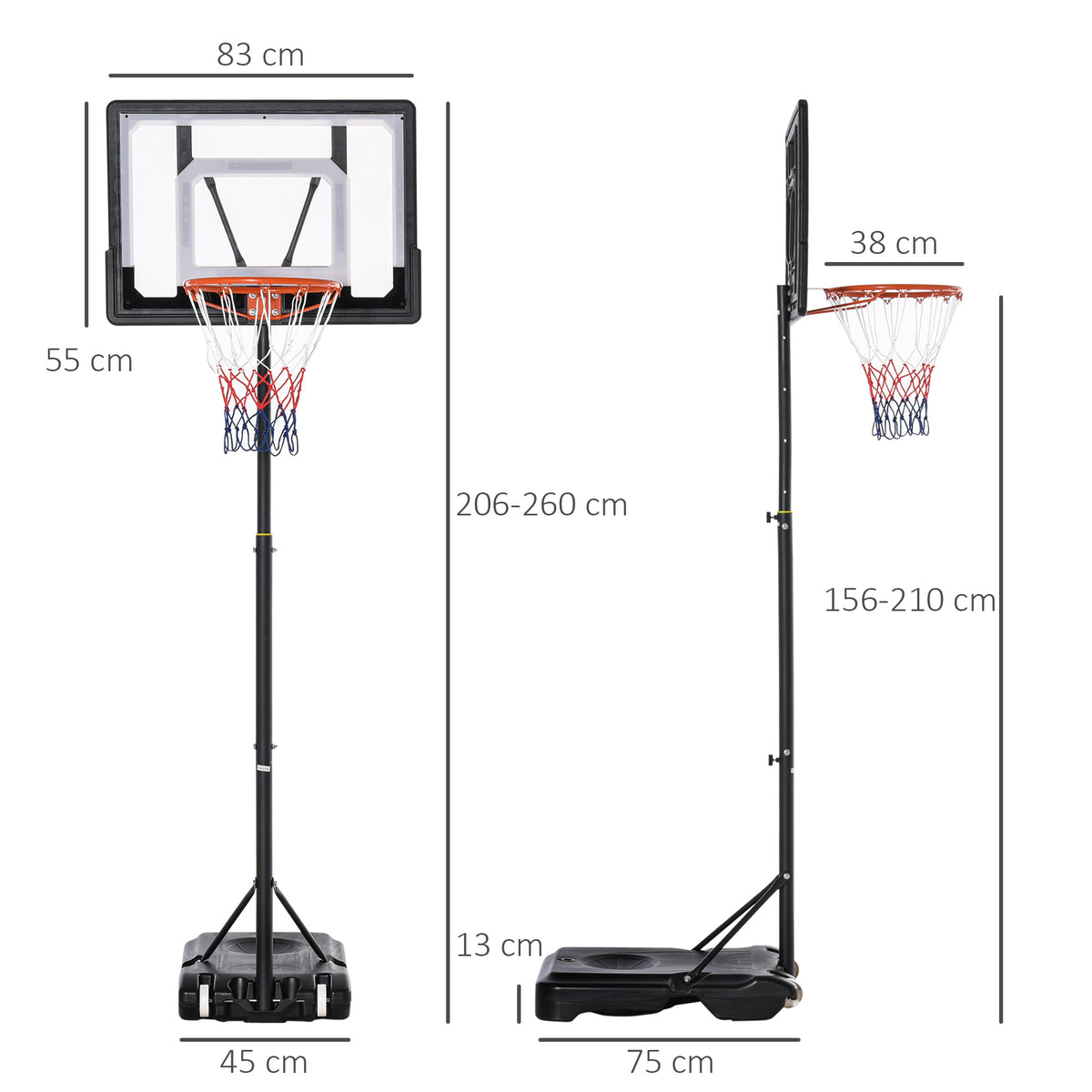 Canestro Basket Altezza Regolabile 160-210cm, Struttura in Acciaio e Base con Ruote, Tabellone in PE Trasparente