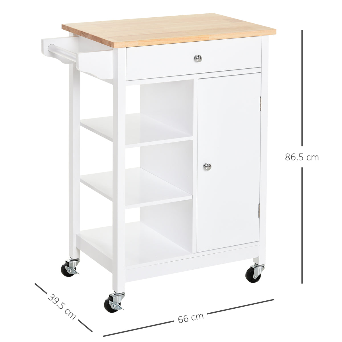 Carrello da Cucina Salvaspazio in MDF con Piano di Lavoro in Legno di Gomma, Cassetto, Armadietto, 3 Mensole, Ripiani Regolabili, Porta Strofinacci e Ruote Girevole, 66x39.5x86.5cm, Bianco