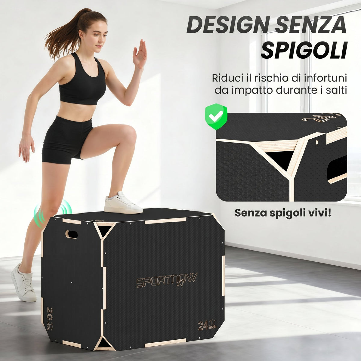 Plyo Box in Legno 3 in 1, Box Pliometrico per Salti Antiscivolo con Maniglie per Allenamento in Casa Palestra, 76x61x51 cm, Nero