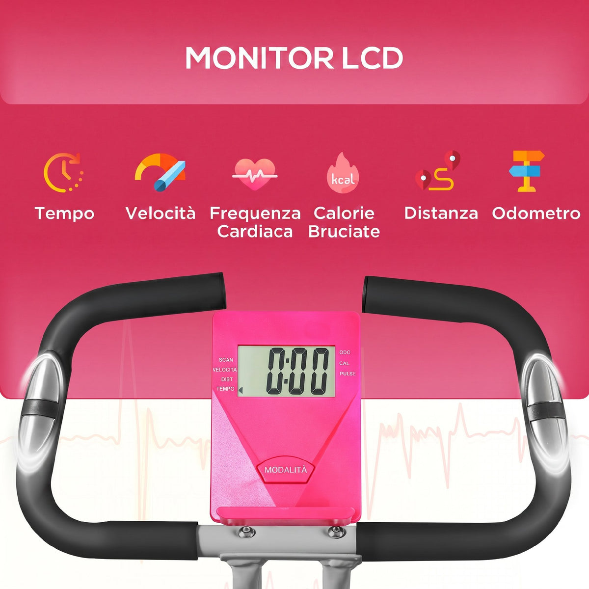 Cyclette Pieghevole Magnetica a 8 Livelli con Display LCD, Rotelle e Sellino Regolabile, Rosa e Bianco