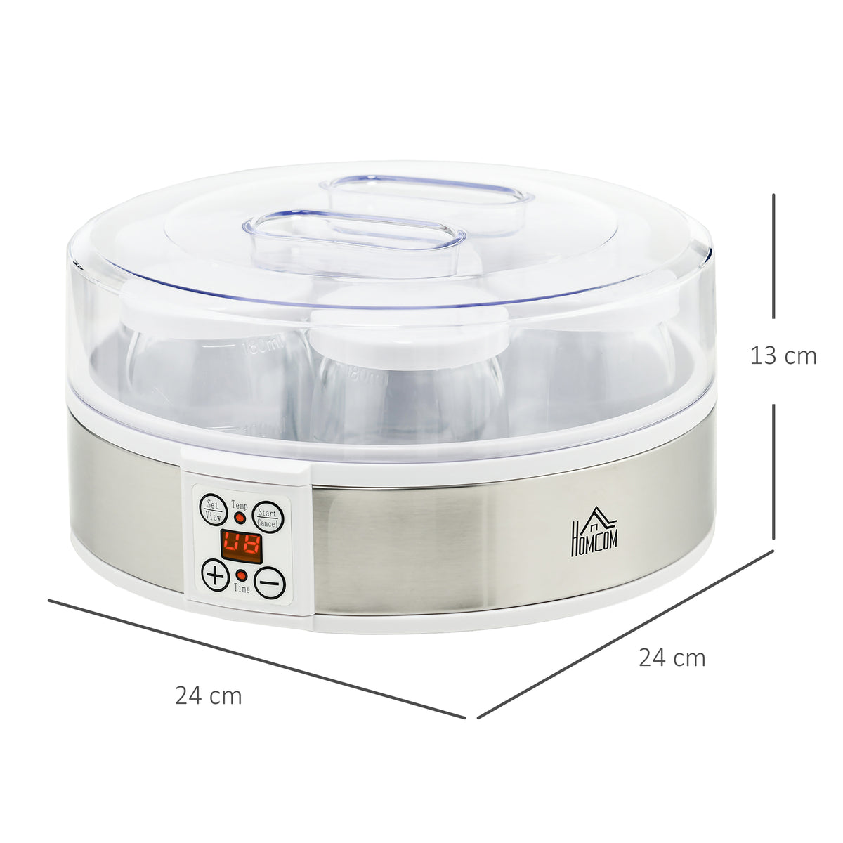 Yogurtiera 20W da 1.5L con 7 Vasetti e Display a Pulsanti, in Acciaio Inox e Plastica, 24x24x13 cm, Bianca