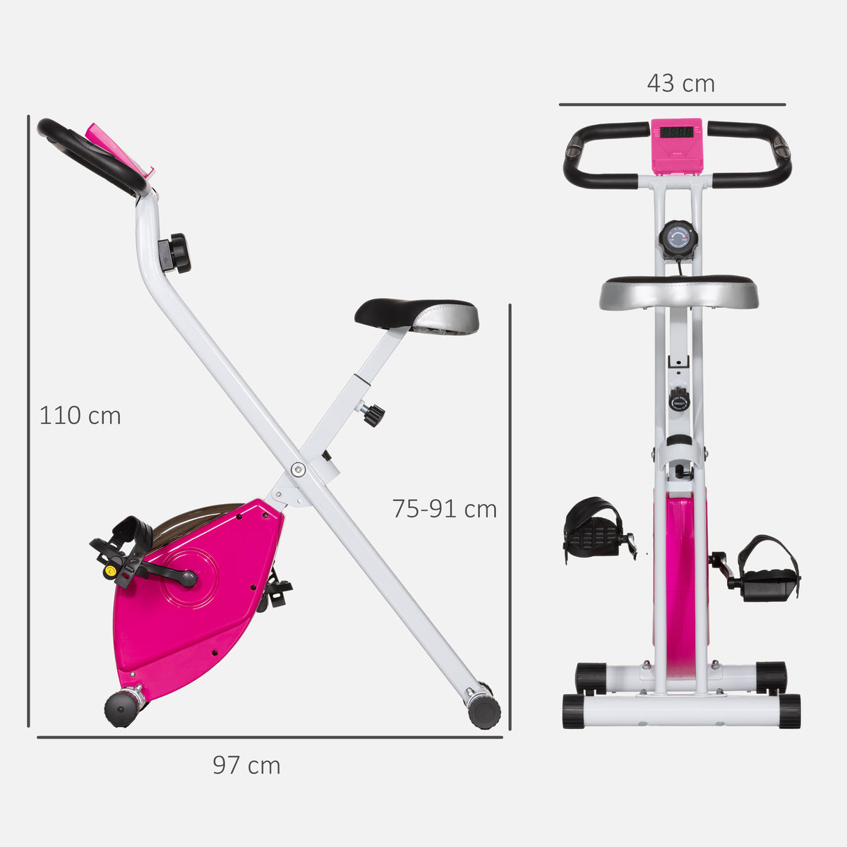 Cyclette Pieghevole Magnetica a 8 Livelli con Display LCD, Rotelle e Sellino Regolabile, Rosa e Bianco