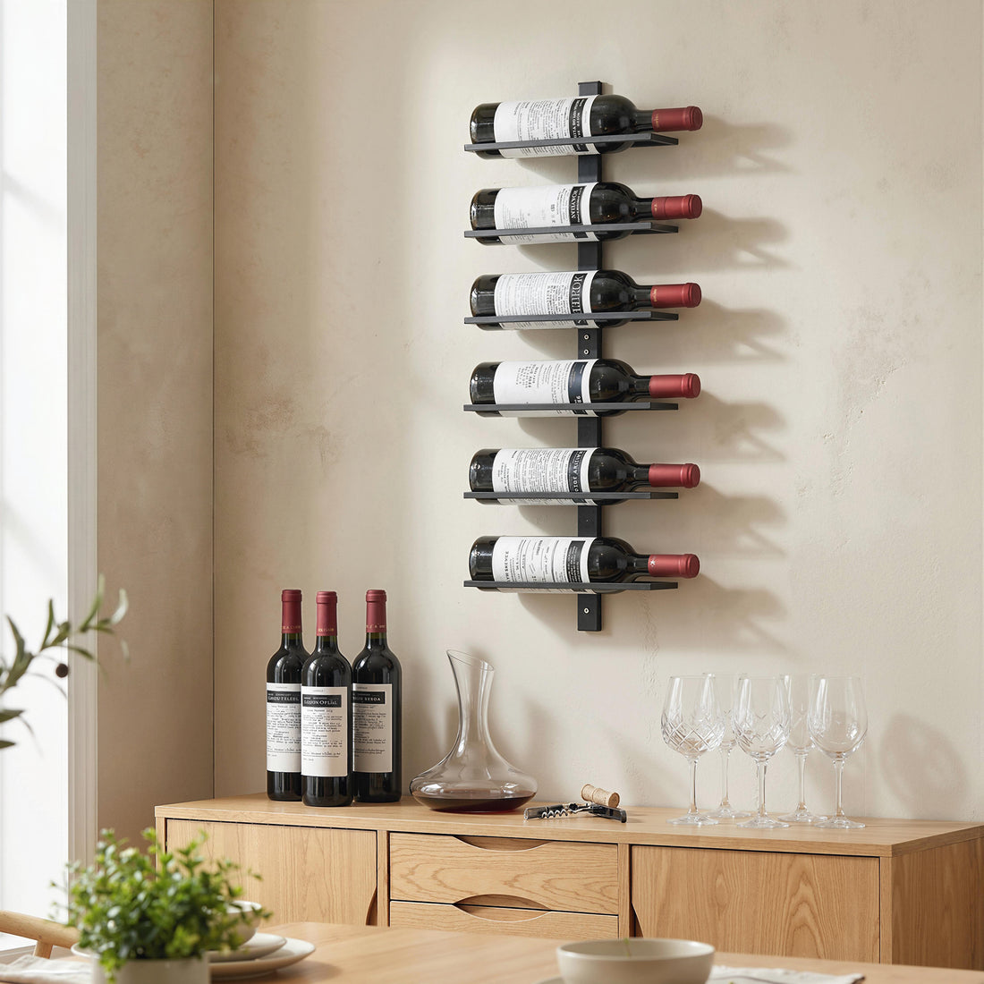 Portabottiglie da Parete in Acciaio per 6 Bottiglie di Vino, Cucina e Sala, 27x10x71 cm, Nero